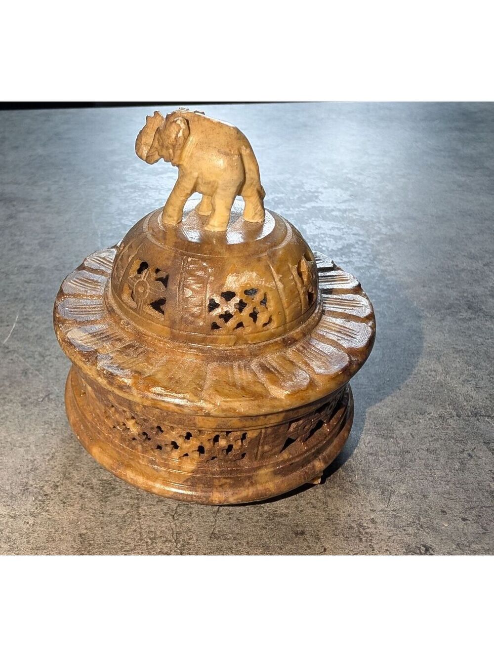 Vintage Hand Carved Soapstone Jali Trinket Boxes Incense Burner Elephant 1990s